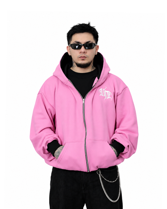 UPROOTED BLUSH CREEPER 450GSM HEAVYWEIGHT BOXY FULL ZIP HOODIE – OVERSIZED PINK COTTON FLEECE STREETWEAR JACKET