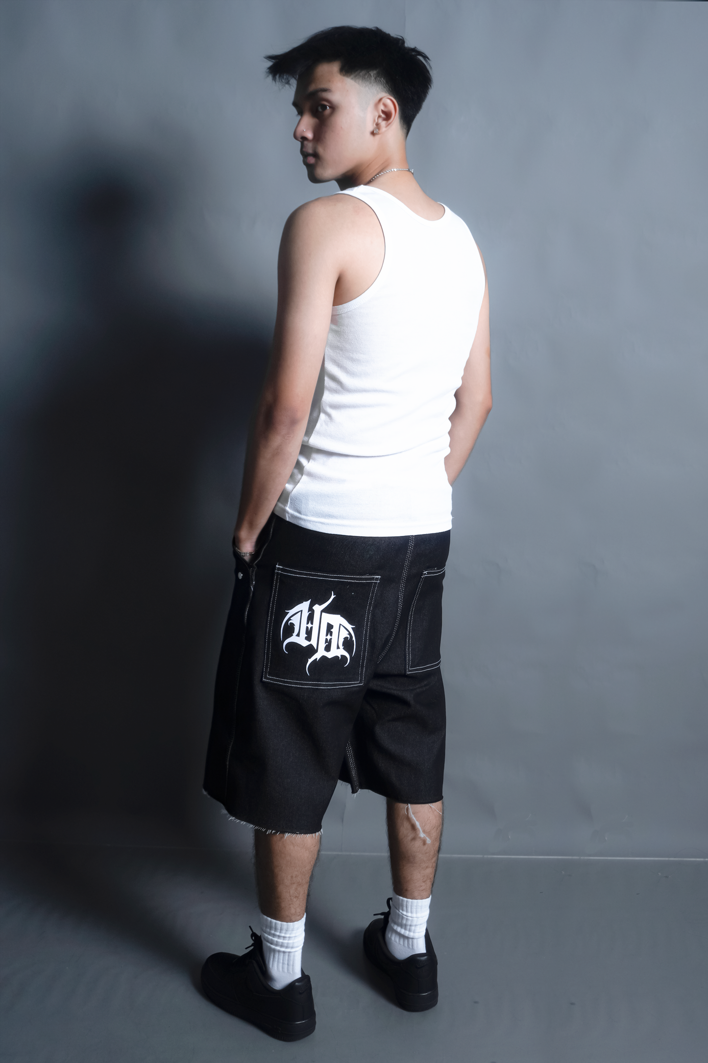 "HARD CUT DENIM JORTS" IN DENIM BLACK