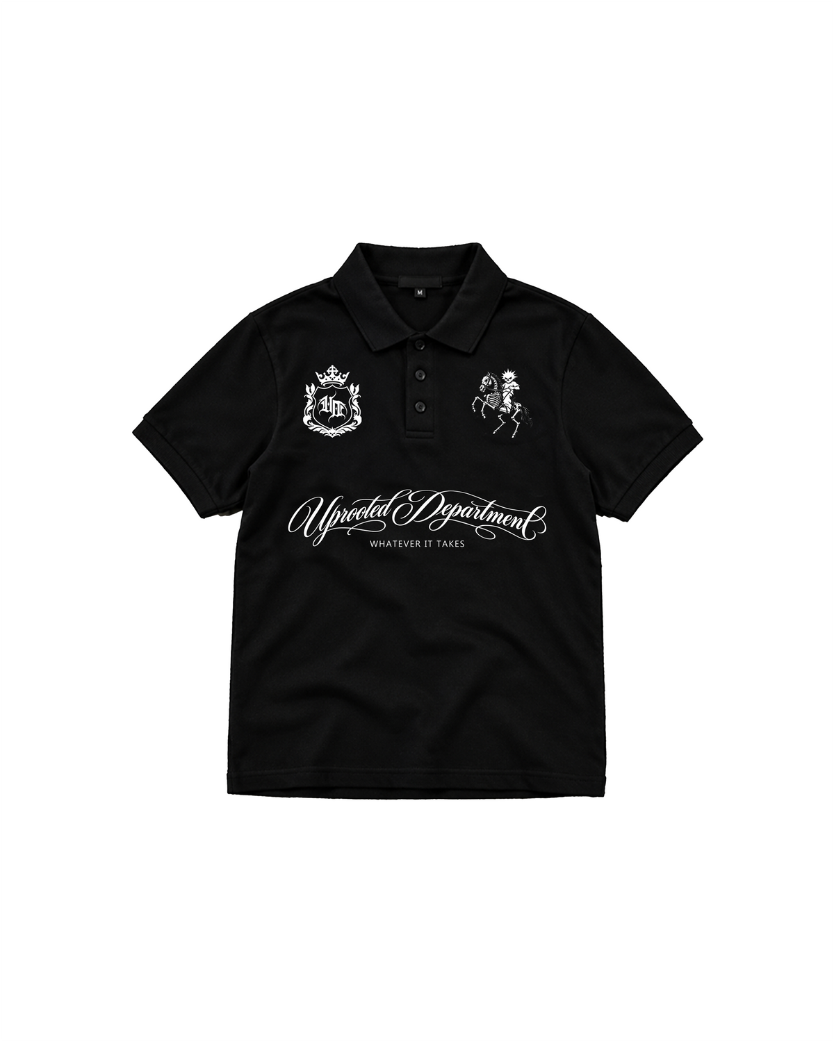 UPROOTOTED DEPARTMENT SOVEREIGN CREST UNISEX PIQUE POLO SHIRT – BLACK REGULAR FIT, EMBROIDERED LOGOS, 80% COMBED COTTON