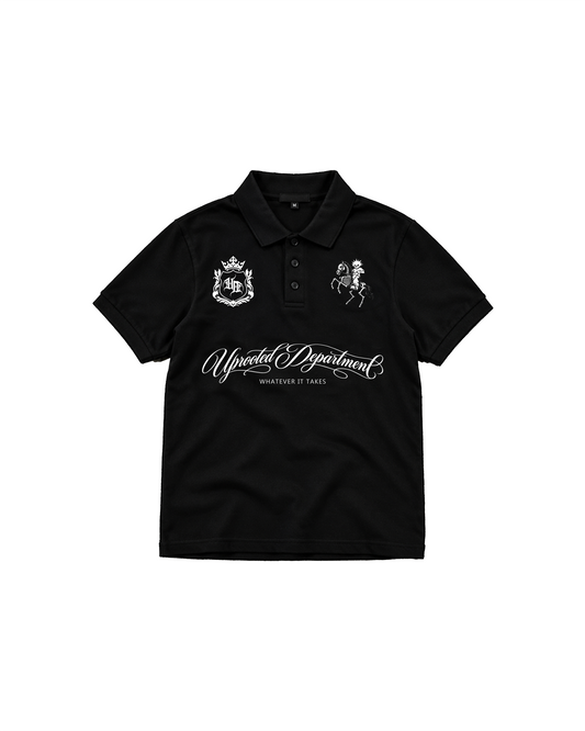 UPROOTOTED DEPARTMENT SOVEREIGN CREST UNISEX PIQUE POLO SHIRT – BLACK REGULAR FIT, EMBROIDERED LOGOS, 80% COMBED COTTON