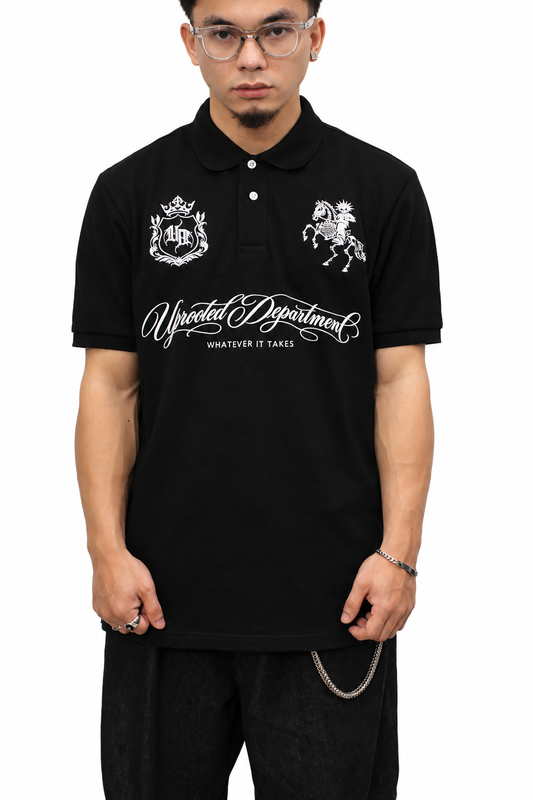 UPROOTOTED DEPARTMENT SOVEREIGN CREST UNISEX PIQUE POLO SHIRT – BLACK REGULAR FIT, EMBROIDERED LOGOS, 80% COMBED COTTON