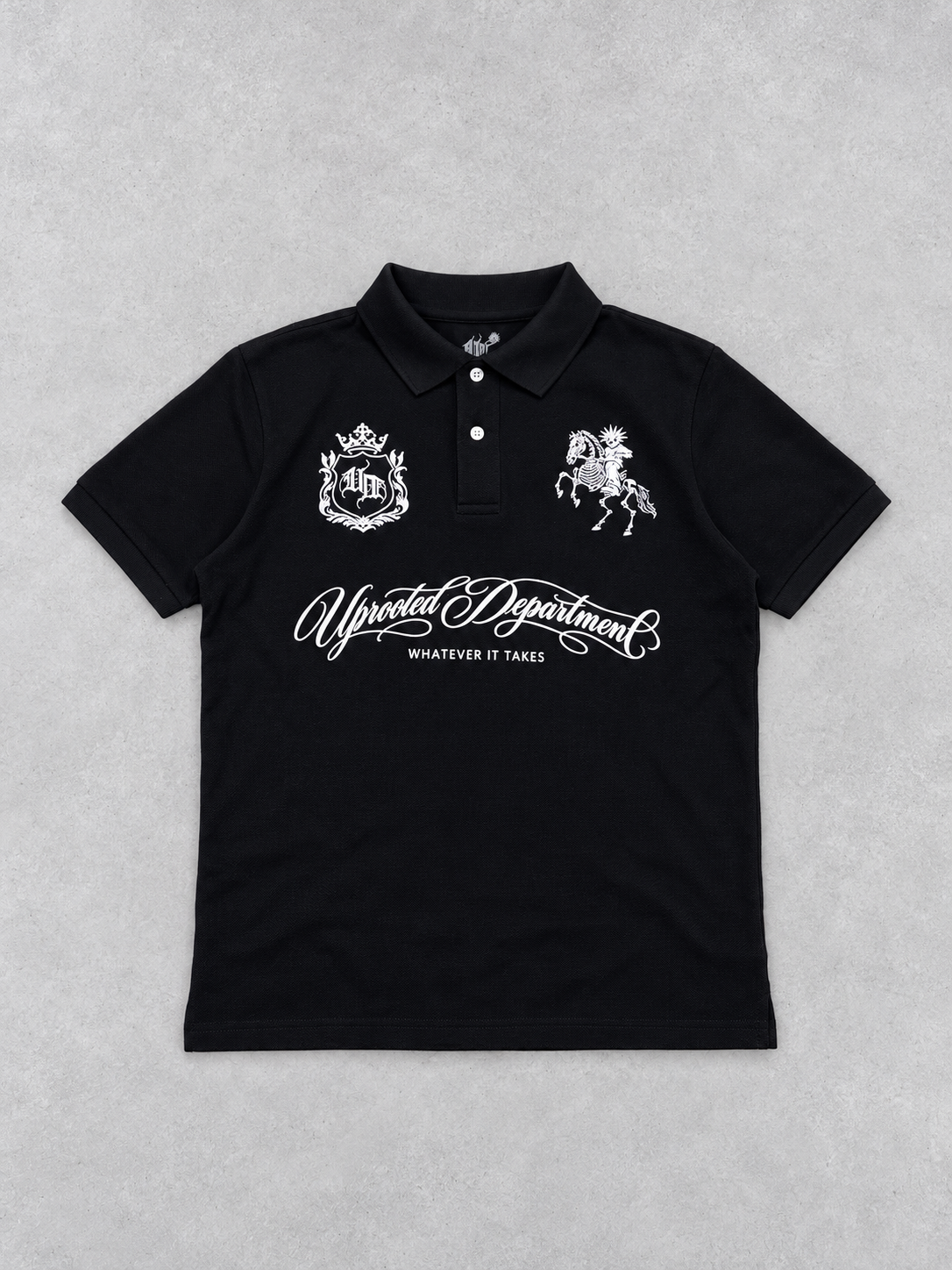 UPROOTOTED DEPARTMENT SOVEREIGN CREST UNISEX PIQUE POLO SHIRT – BLACK REGULAR FIT, EMBROIDERED LOGOS, 80% COMBED COTTON