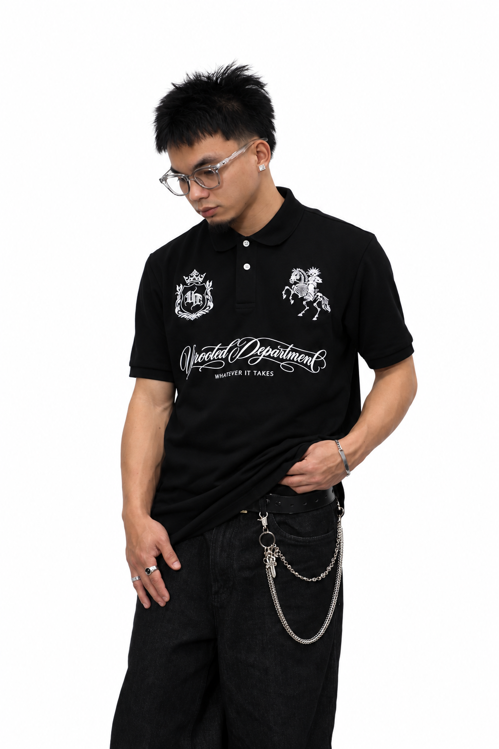 UPROOTOTED DEPARTMENT SOVEREIGN CREST UNISEX PIQUE POLO SHIRT – BLACK REGULAR FIT, EMBROIDERED LOGOS, 80% COMBED COTTON