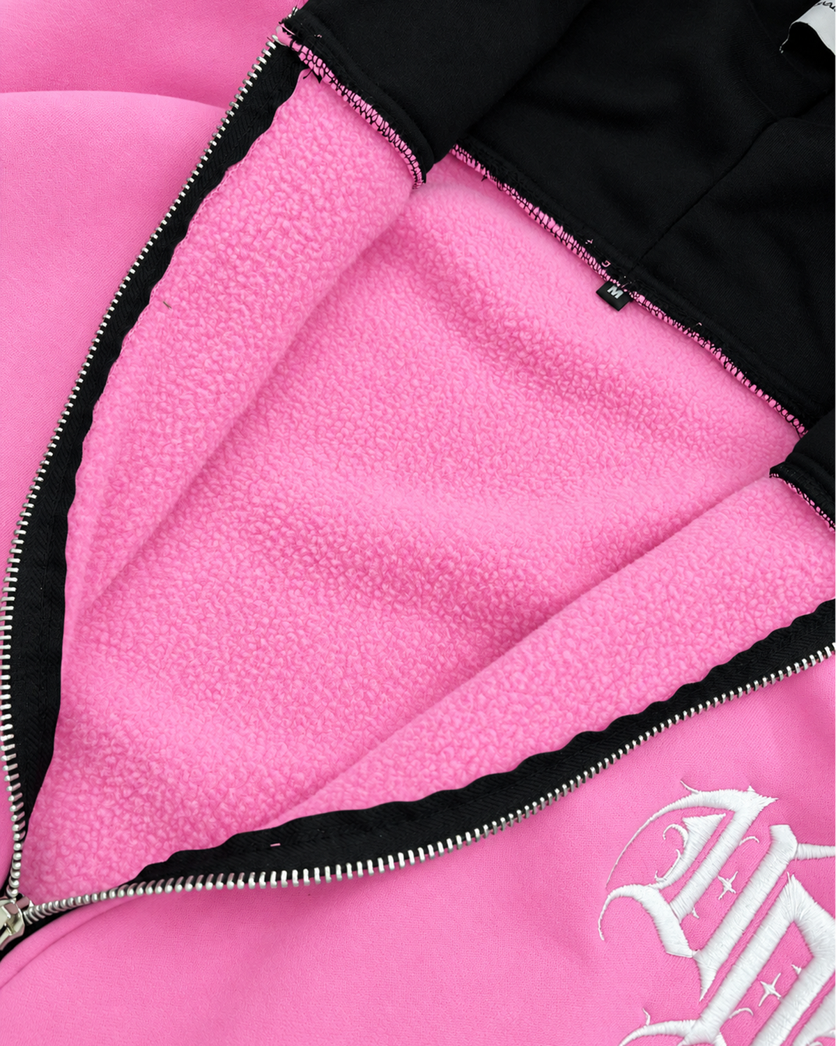 UPROOTED BLUSH CREEPER 450GSM HEAVYWEIGHT BOXY FULL ZIP HOODIE – OVERSIZED PINK COTTON FLEECE STREETWEAR JACKET